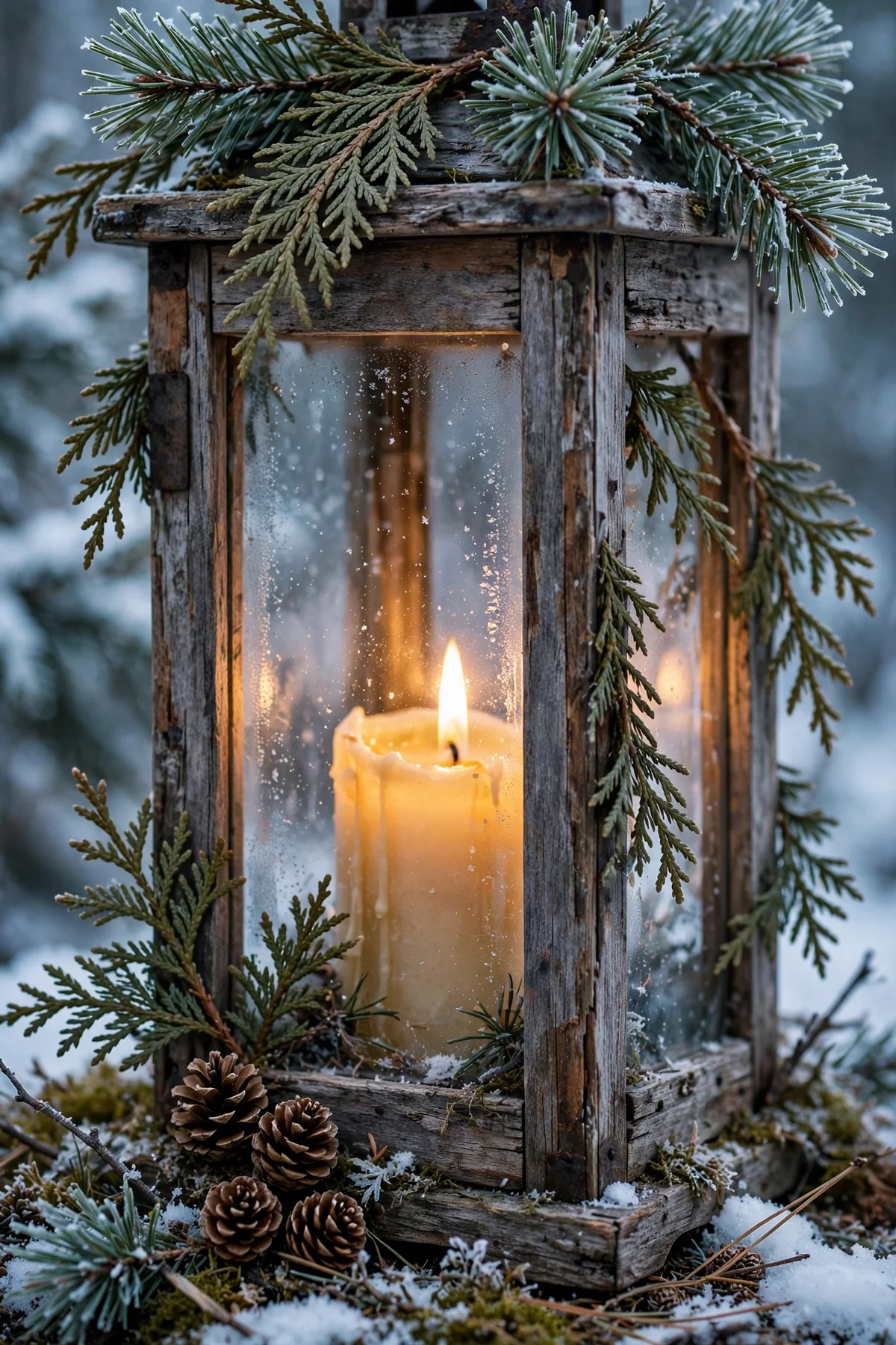 Tall weathered wood lantern with pine branches and pinecones around a candle