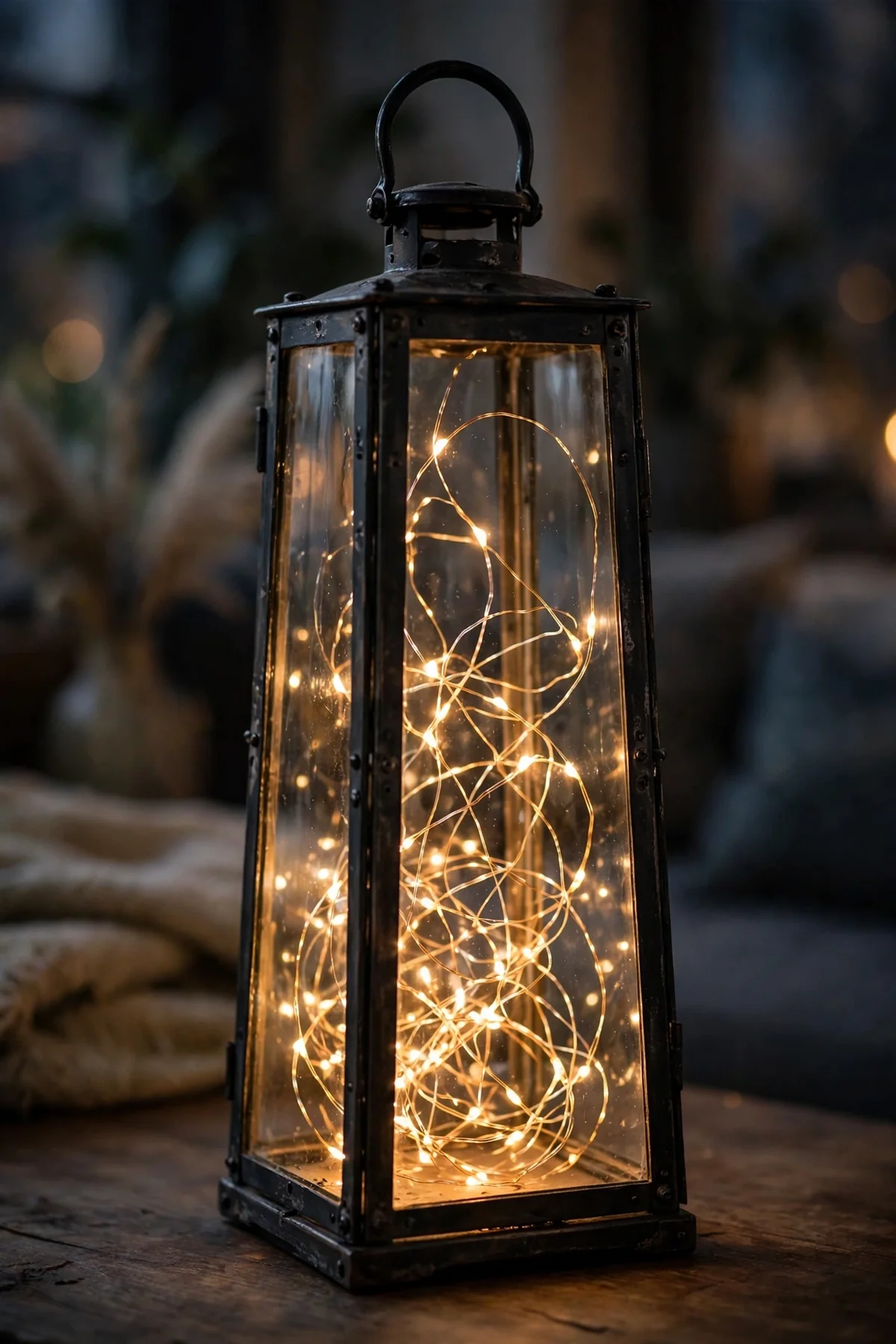Tall glass lantern filled with glowing warm fairy lights