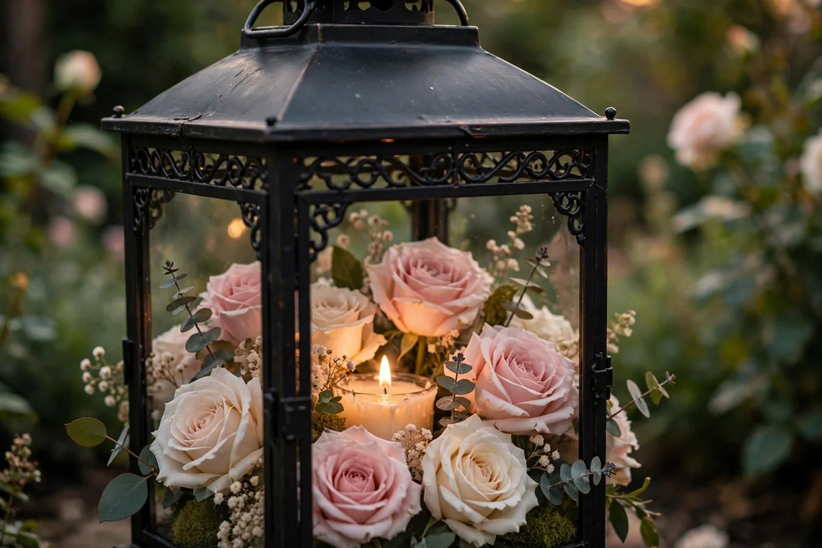 Large black lantern with roses arranged inside around a small candle