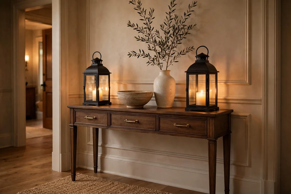 Entry console with a pair of glowing lanterns flanking a ceramic bowl