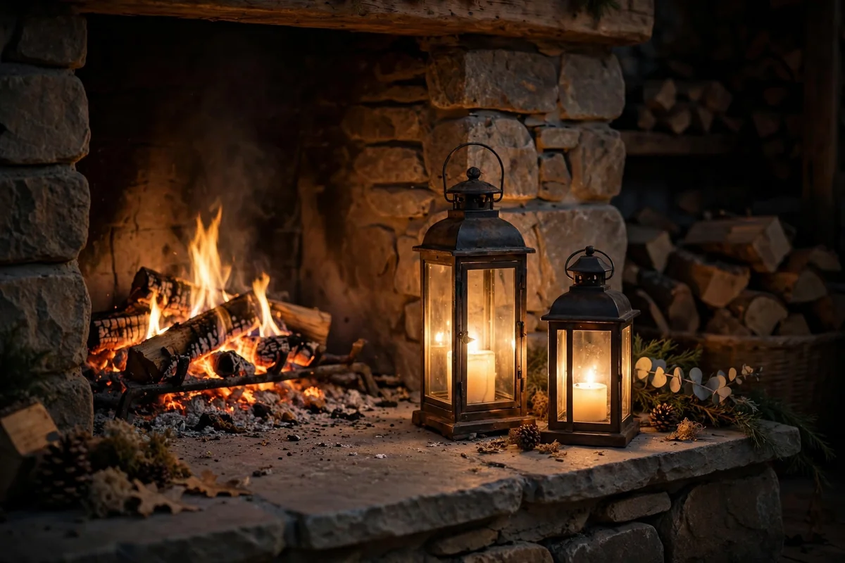 Two glowing lanterns on a stone fireplace hearth beside a fire