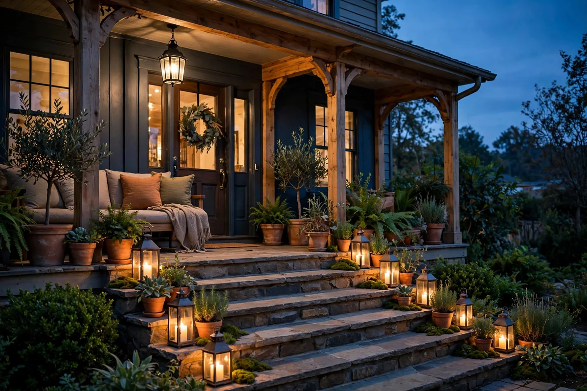 Covered front porch at dusk with glowing lanterns along the steps