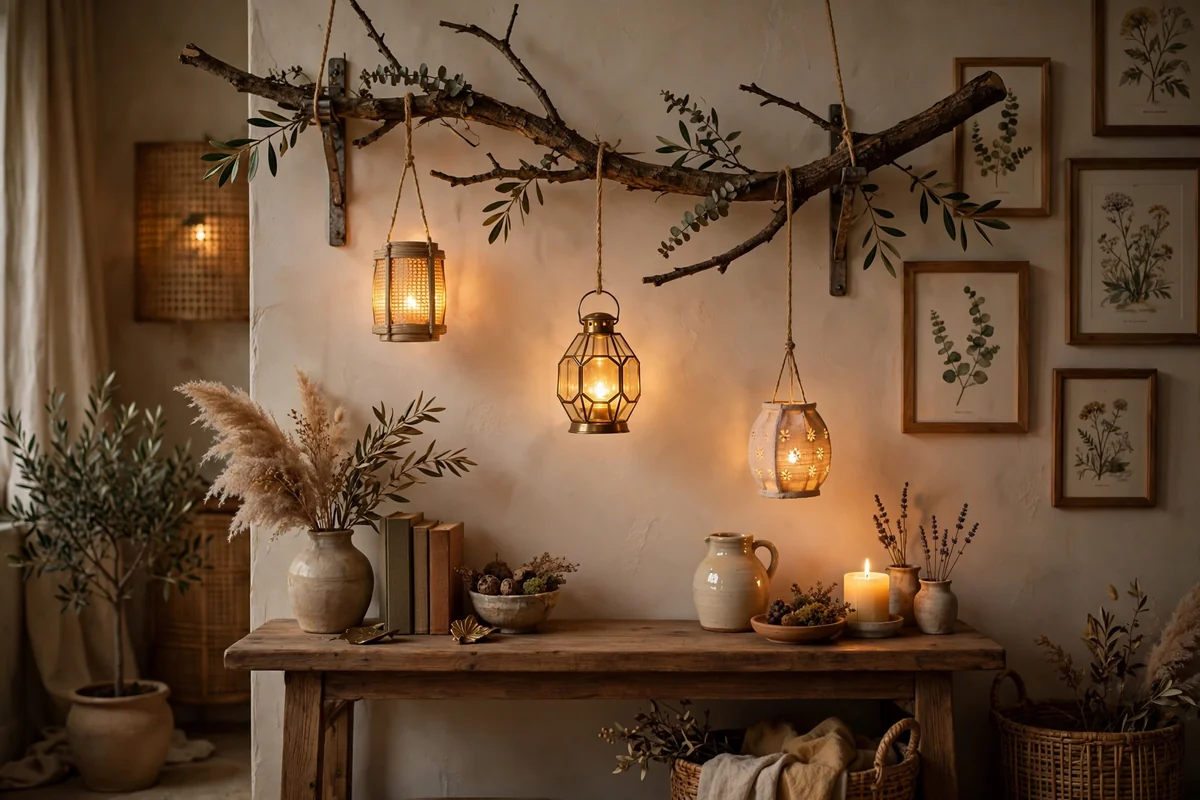 Small glowing lanterns hanging from a decorative indoor branch