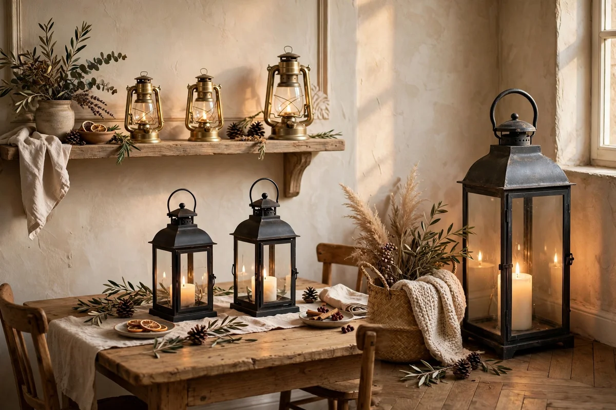 Lanterns in different scales across mantel, table and floor