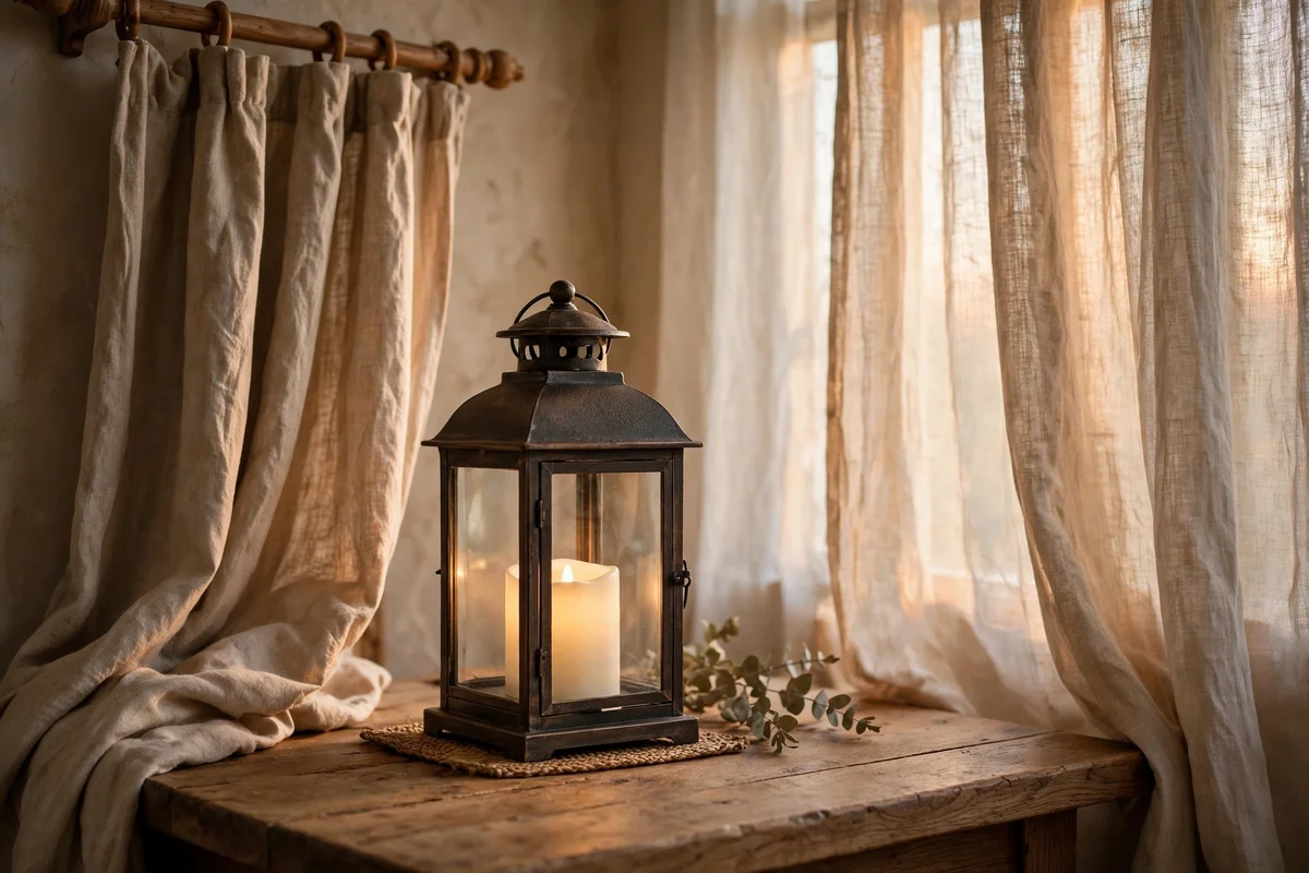 Flameless lantern glowing safely beside curtains
