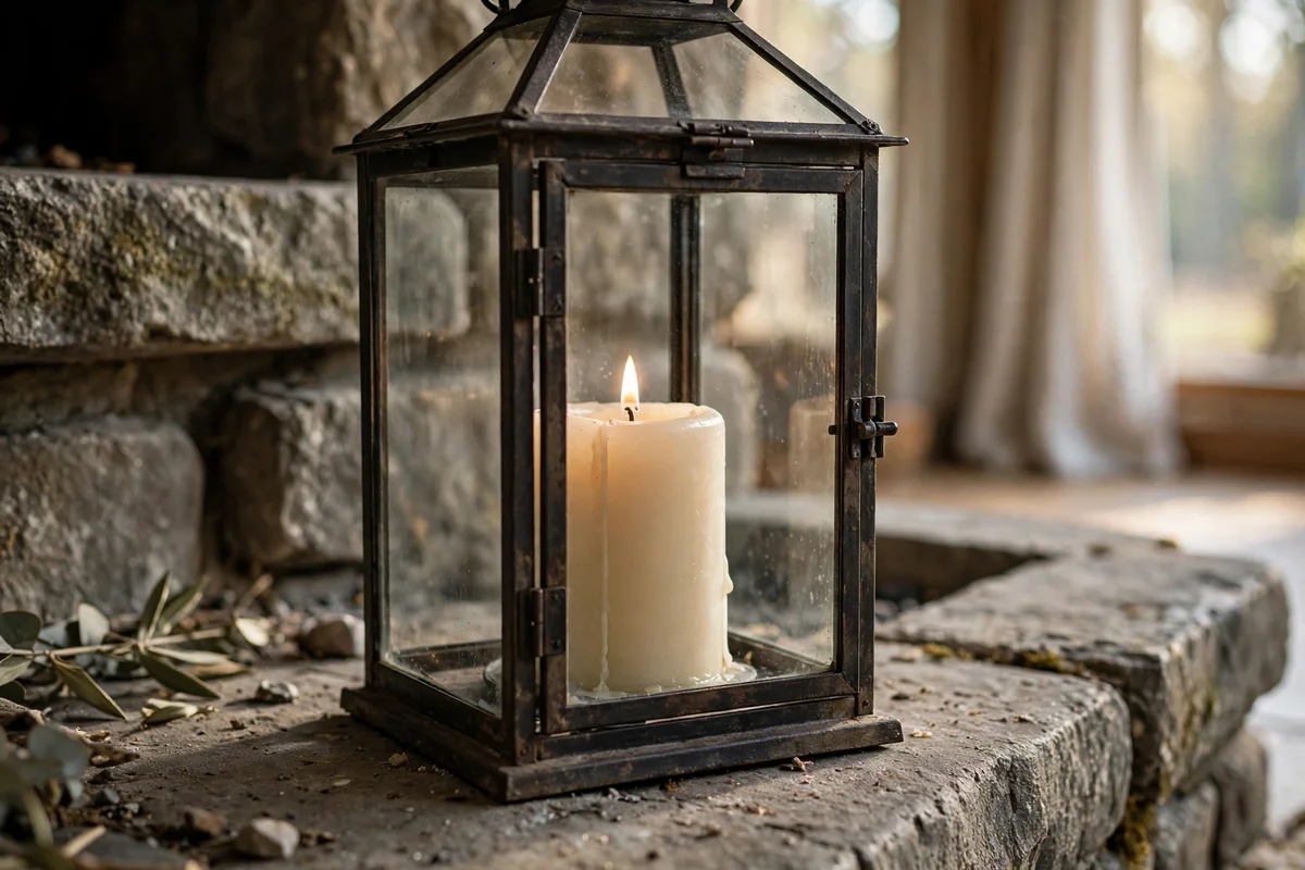 Enclosed glass lantern with a real candle on a hearth