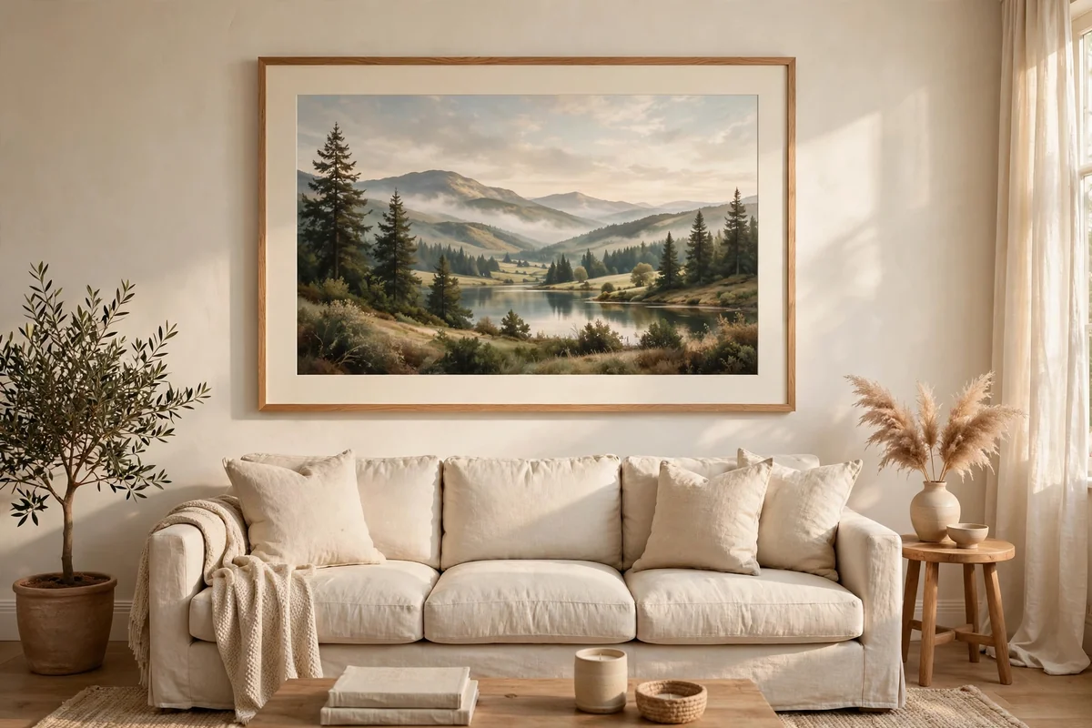 Oversized framed landscape print centred above a sofa