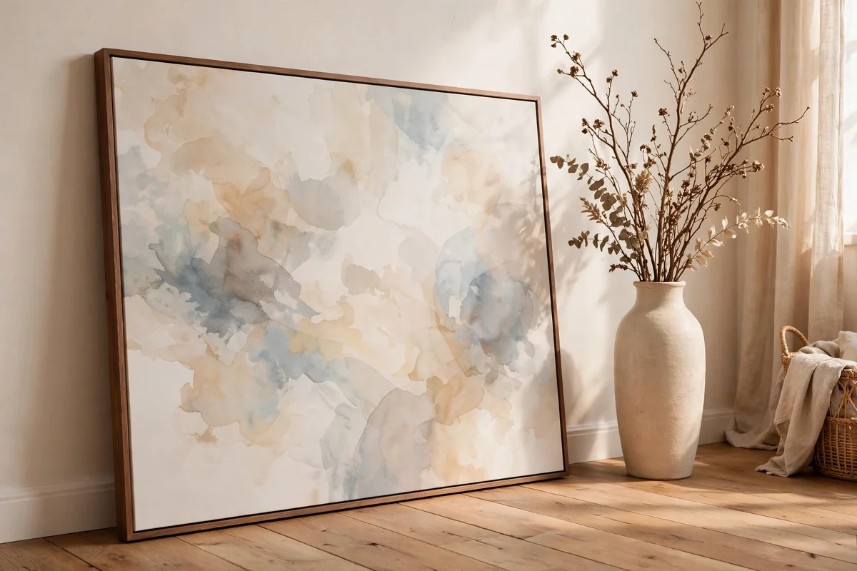 Large canvas leaned against a living room wall
