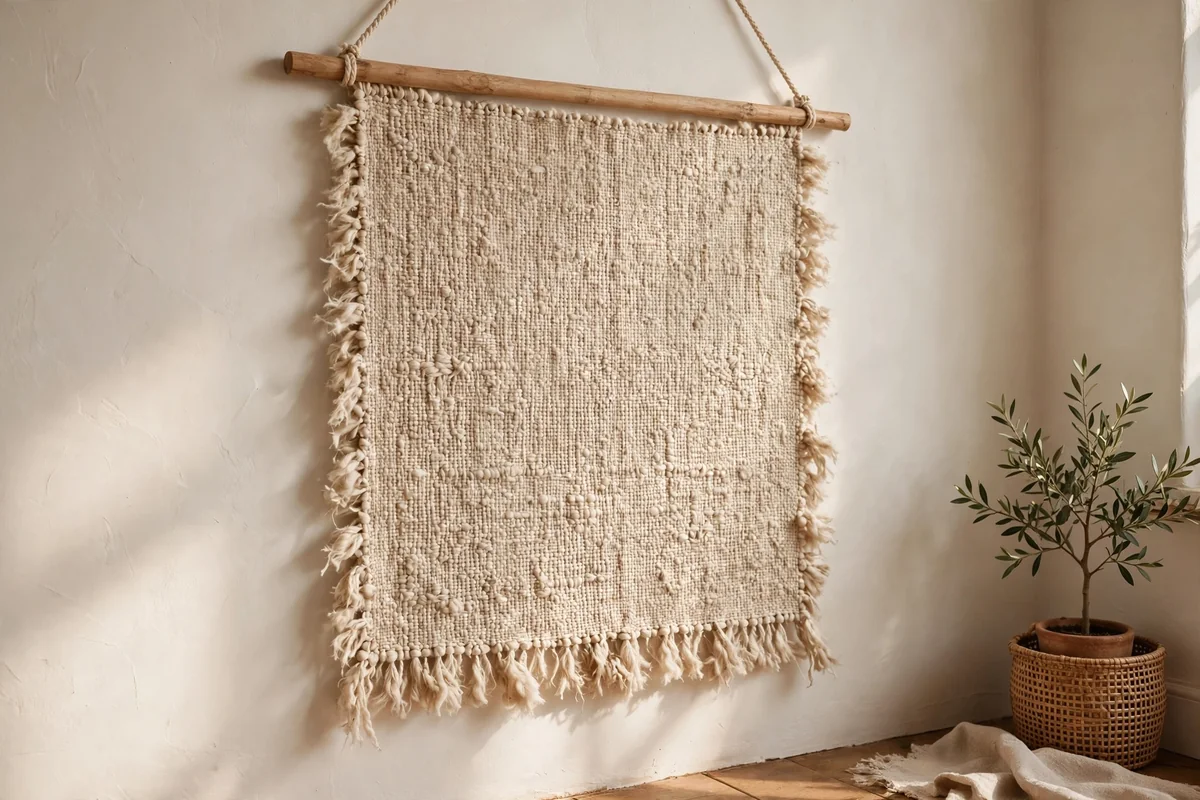 Plain woven tapestry hanging from a wooden dowel