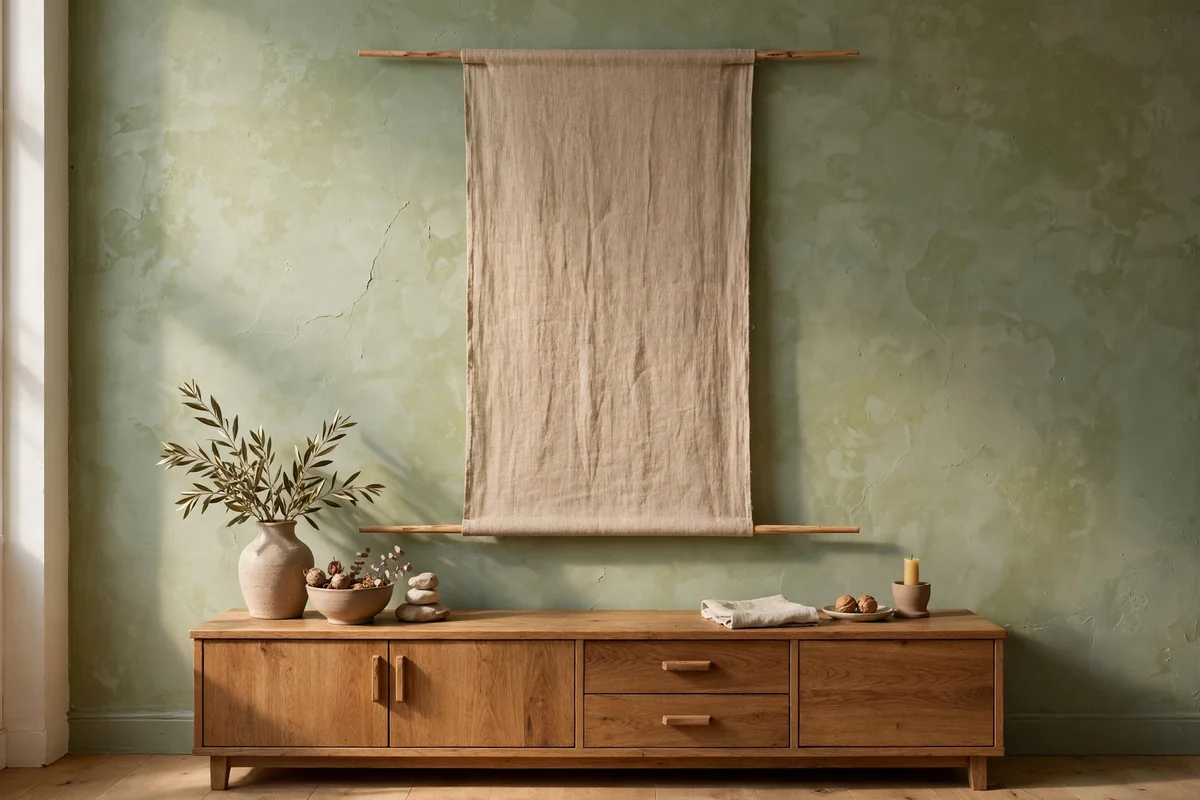 Long linen textile panel on wooden dowels