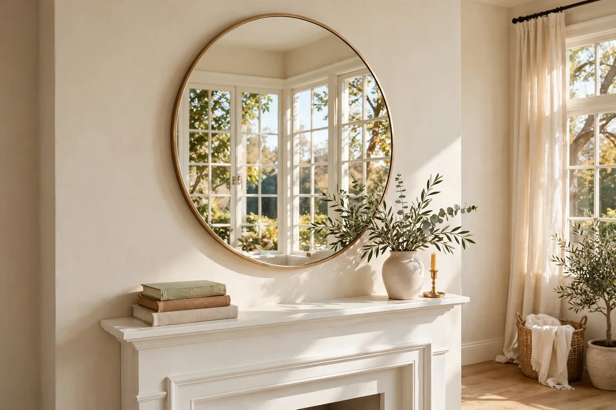 Large round mirror mounted above a fireplace mantel