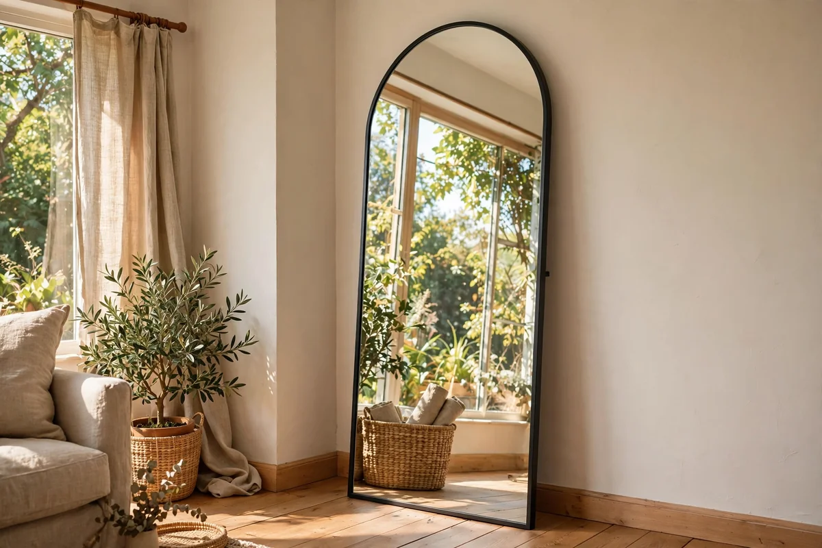 Arched full-length mirror standing in a living room corner