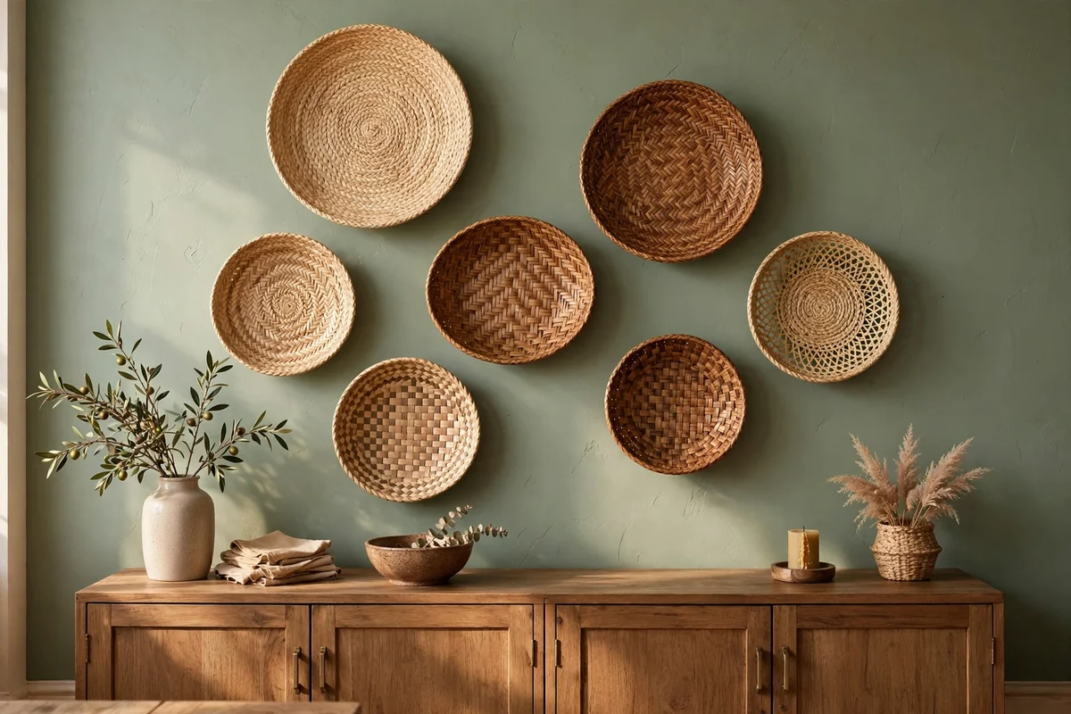 Flat seagrass bowls arranged on a wall