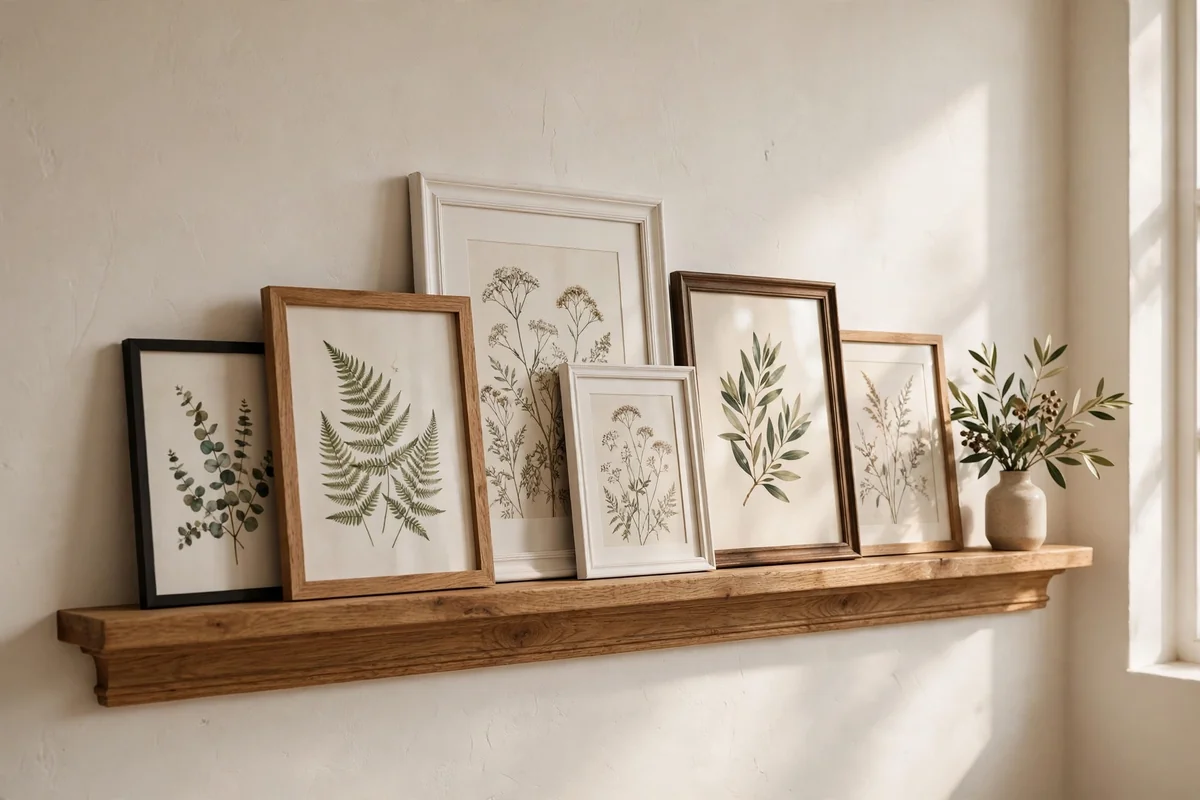 Long picture ledge with layered art frames