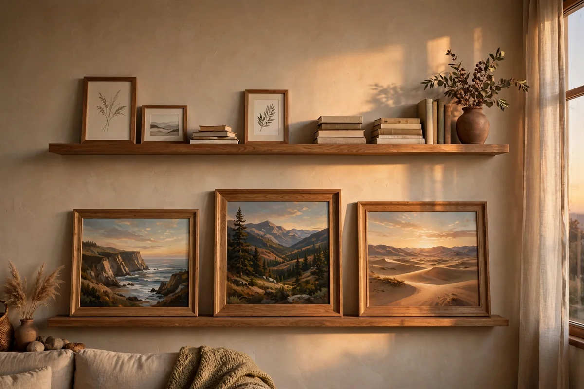 Two parallel picture ledges with framed art