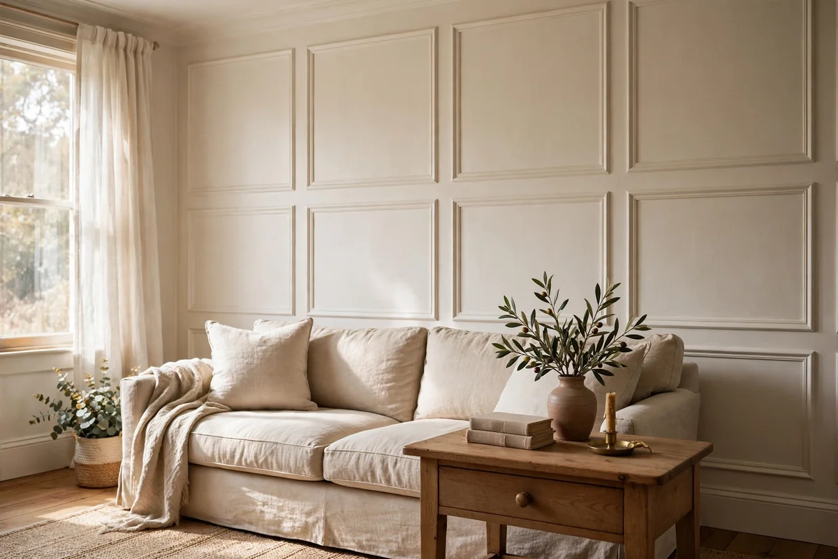 Box moulding squares painted on a living room wall