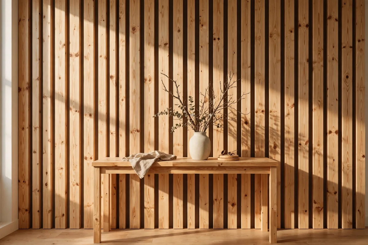 Vertical timber slats on a wall behind a console