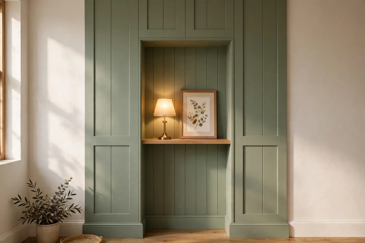 Alcove with full-height painted shaker panelling