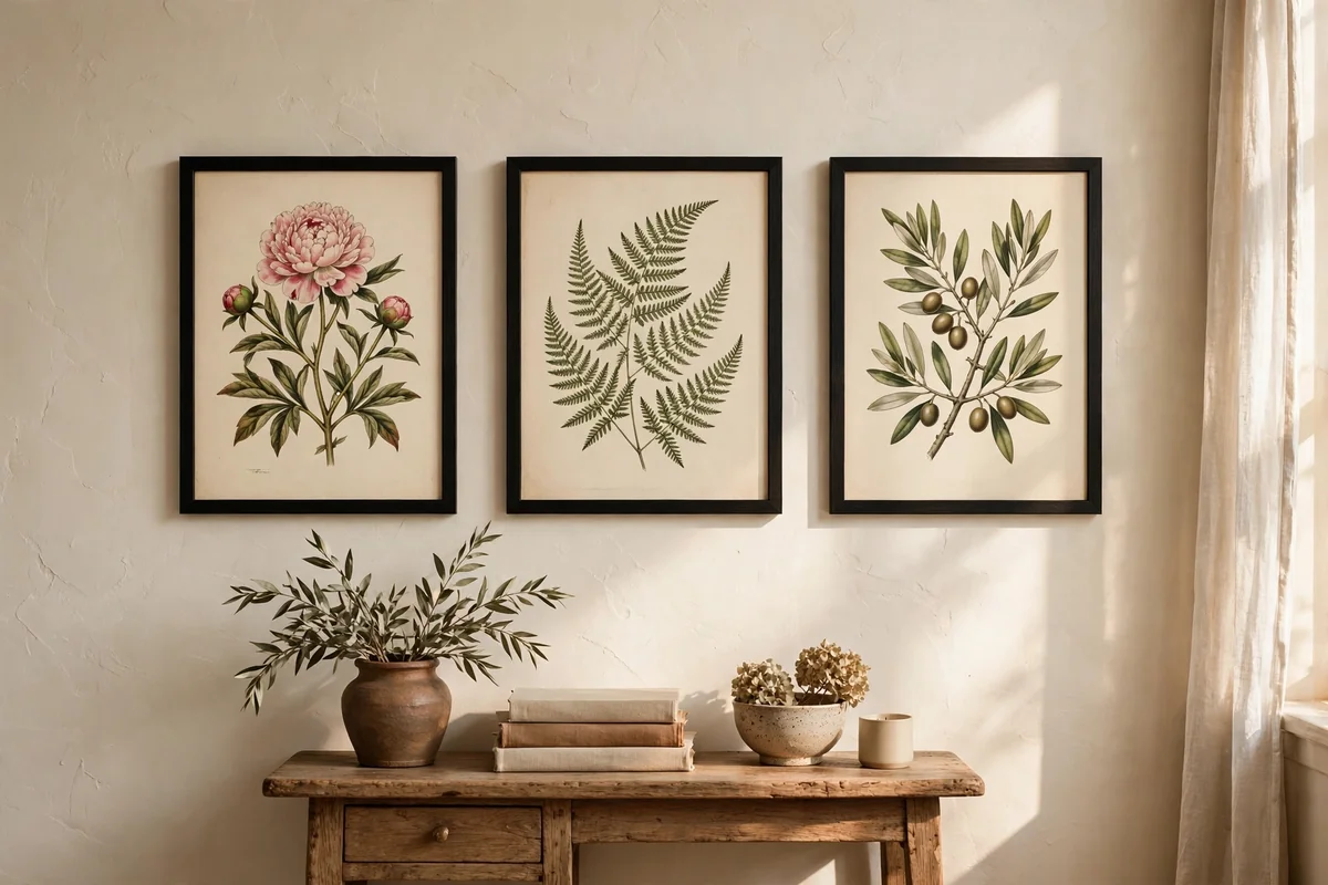 Three matching botanical prints in a row