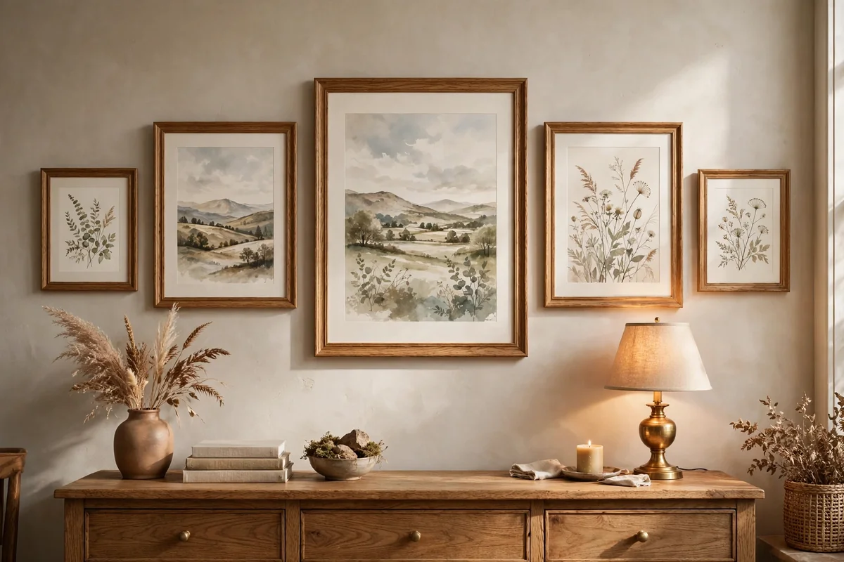 Salon row of five framed prints above a sideboard