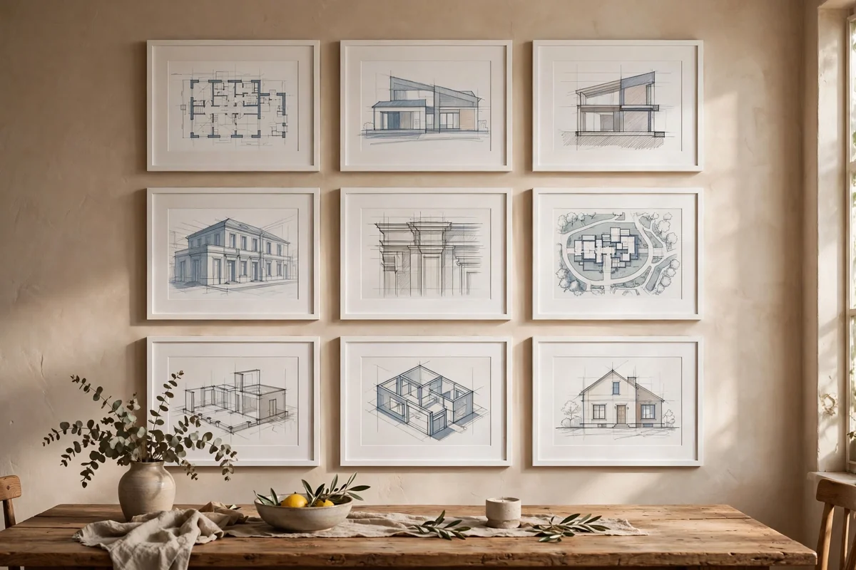 Nine-frame gallery grid on a dining wall