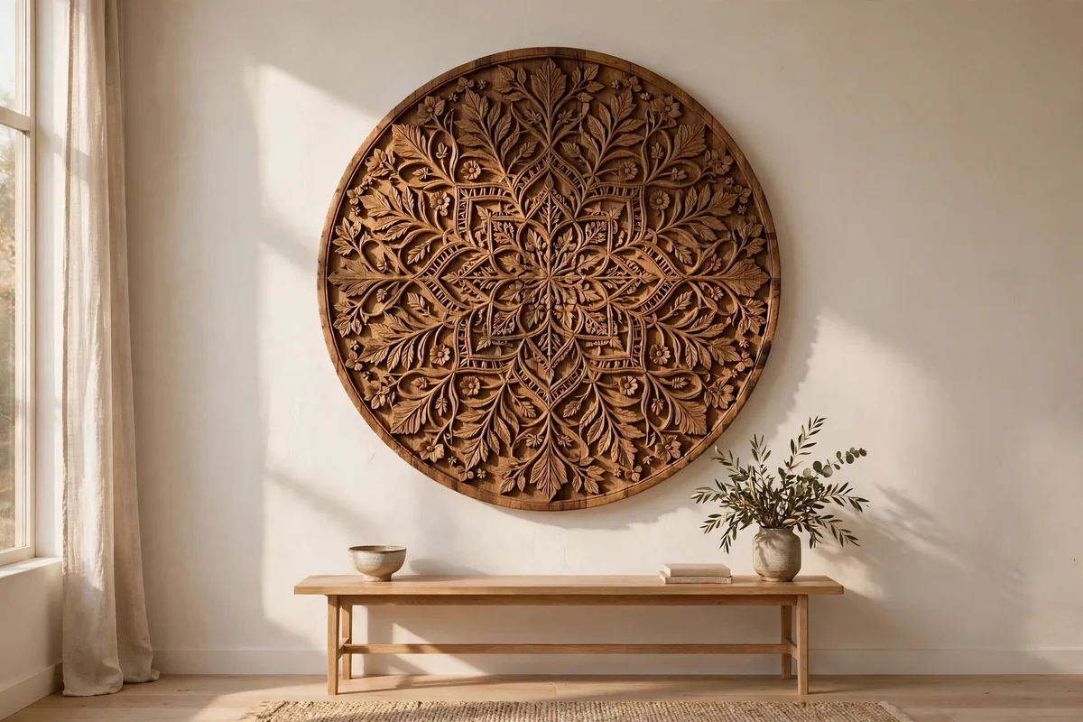 Large round carved wood wall sculpture