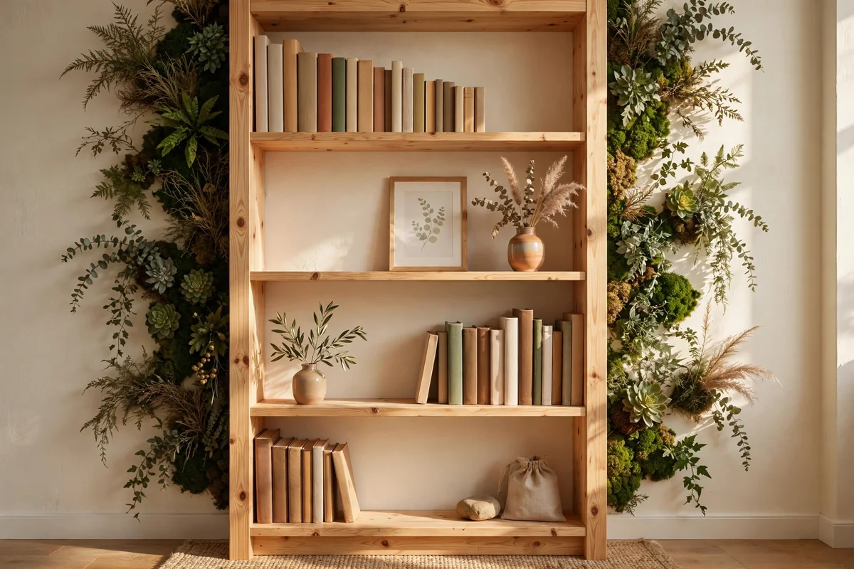Tall open bookshelf styled as living wall art