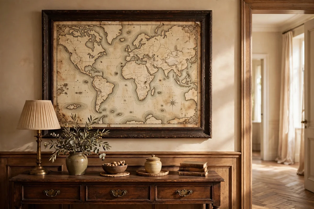 Large framed vintage-style map on a wall