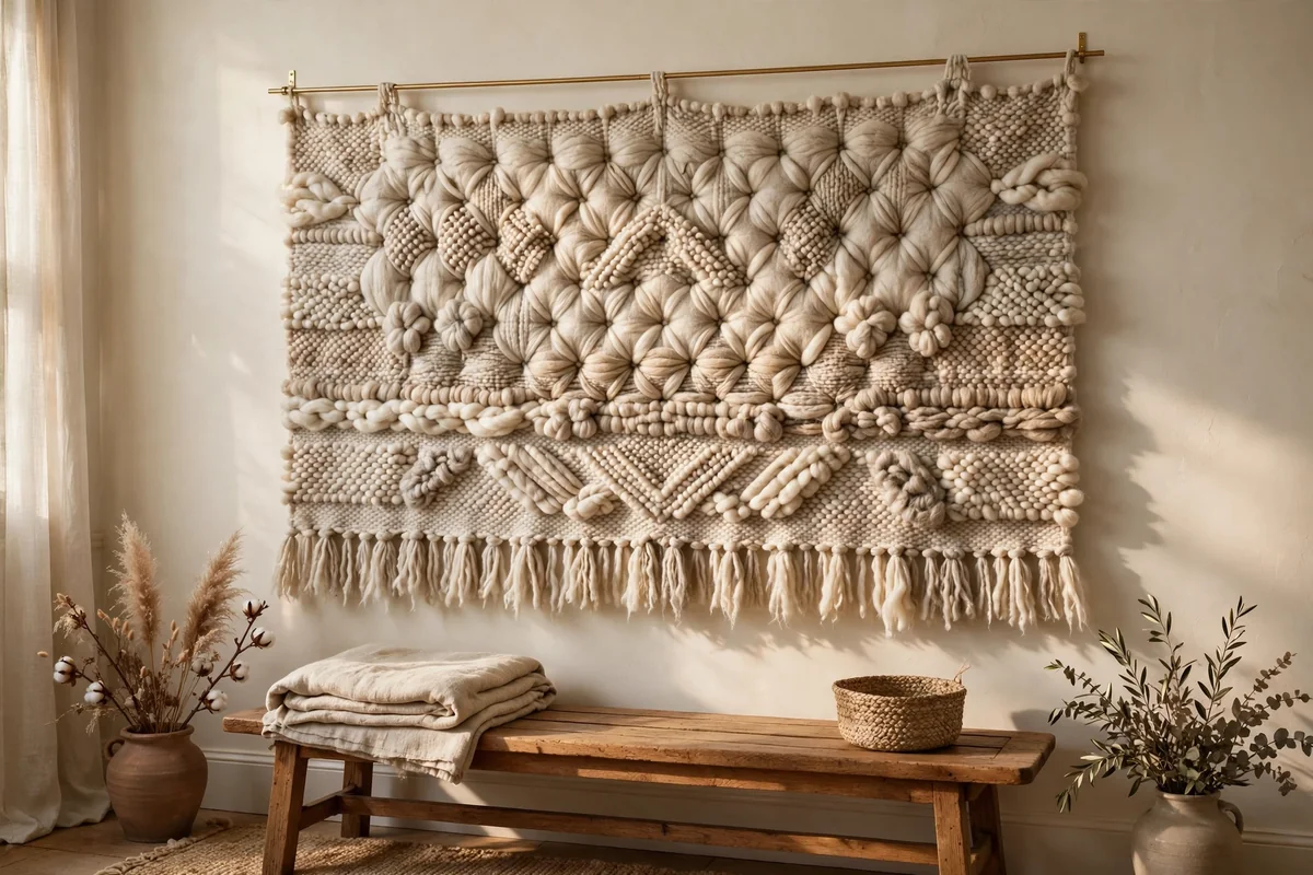 Wide textured wall hanging on a brass rod
