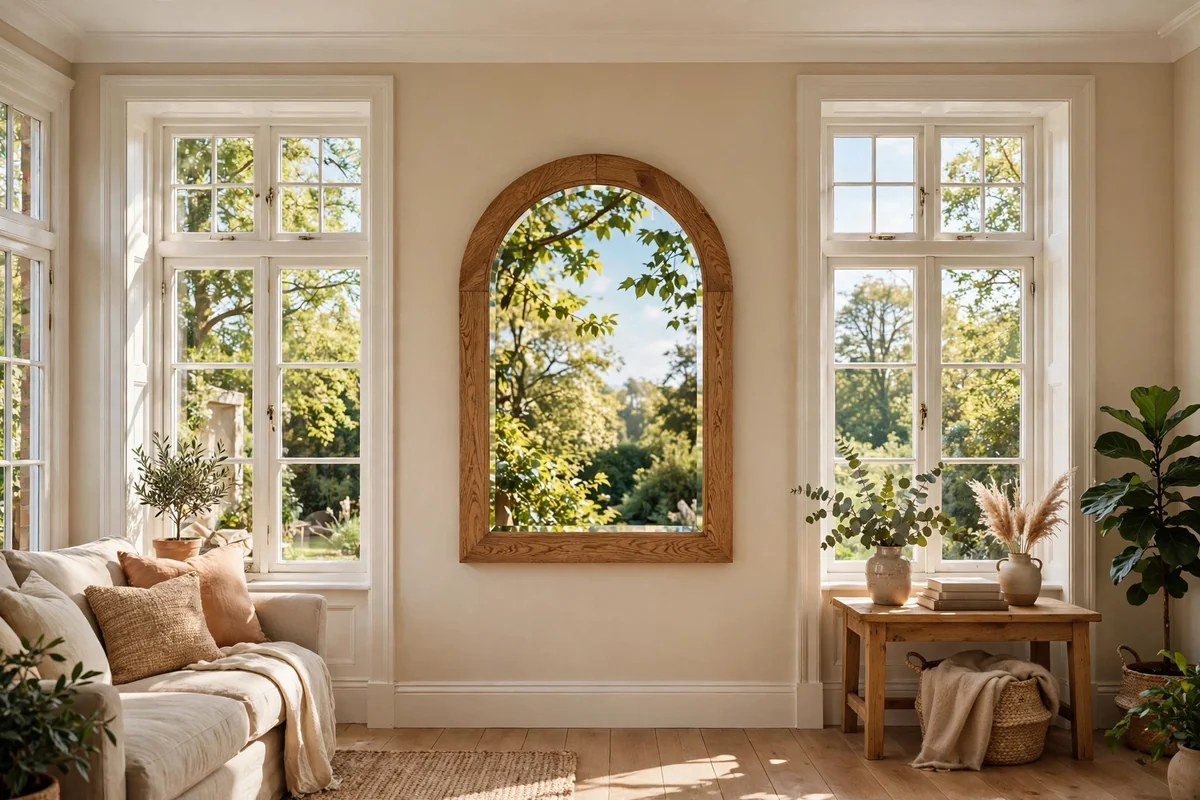 Arched wood-framed mirror between two windows