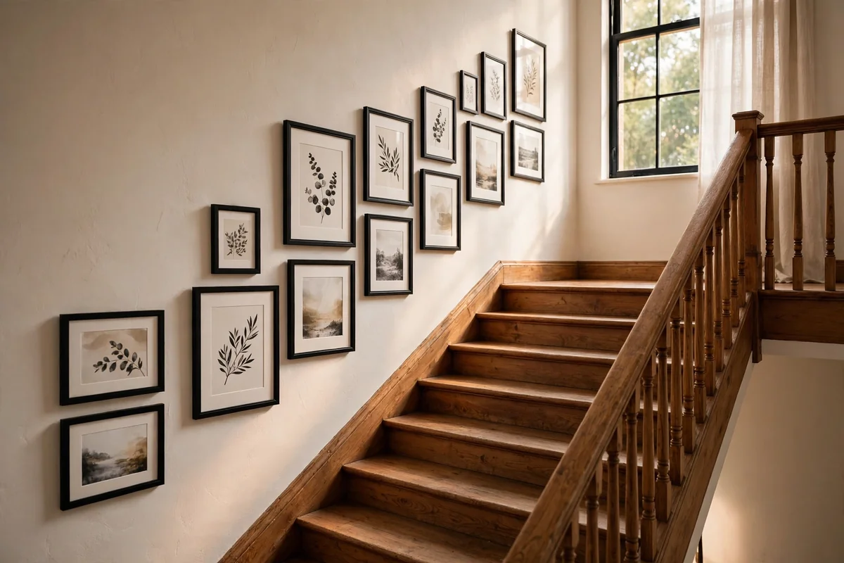 Framed art rising up a stairwell wall