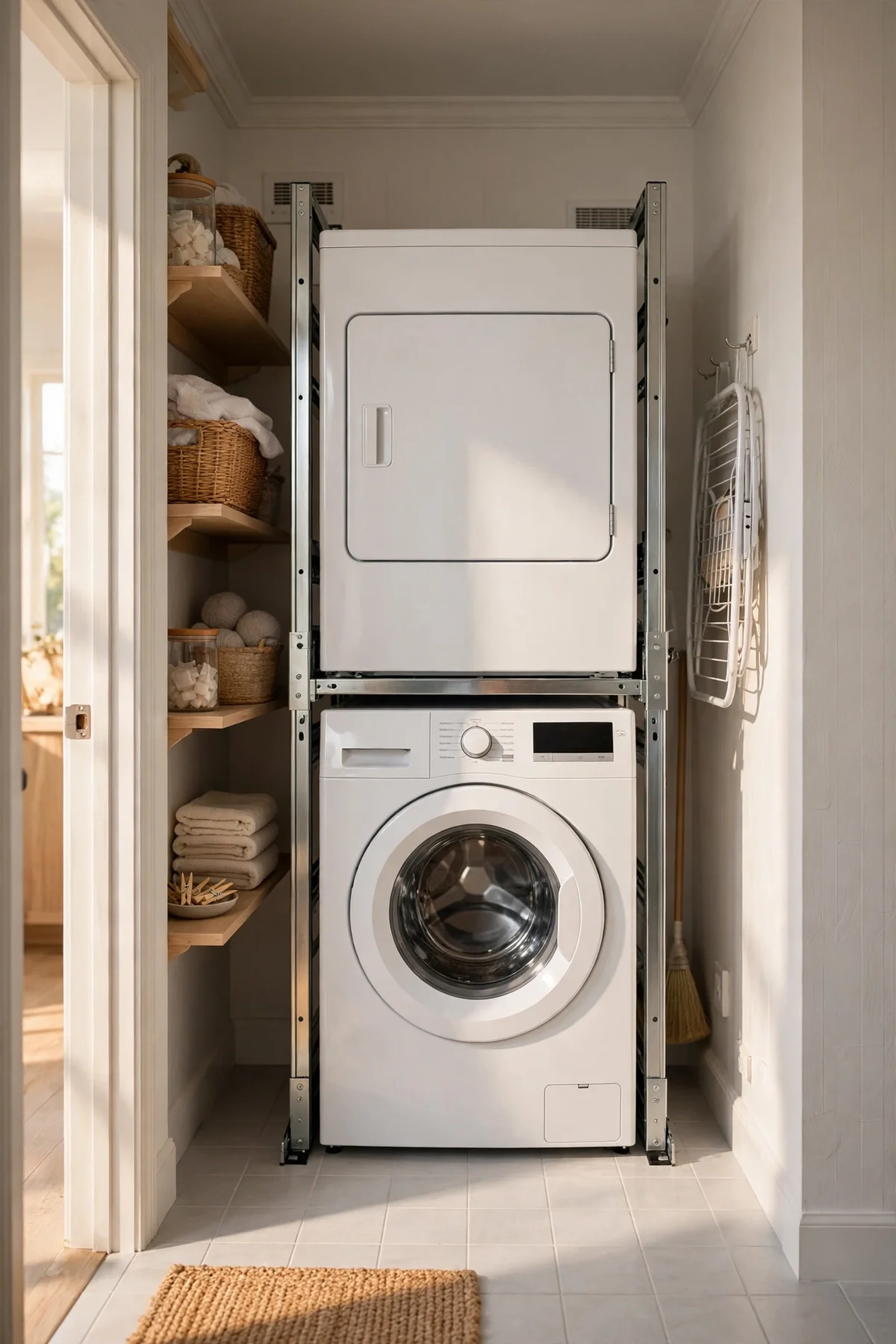 Stacked washer and dryer secured with a stacking kit in a narrow laundry closet