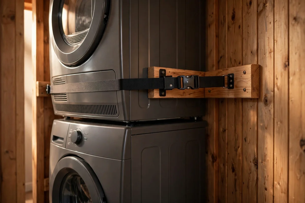 Anti tip strap anchoring a stacked washer and dryer to a wall stud