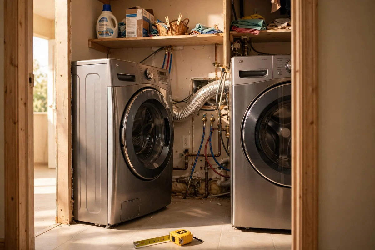Washer and dryer with measured clearances for hoses and vent behind