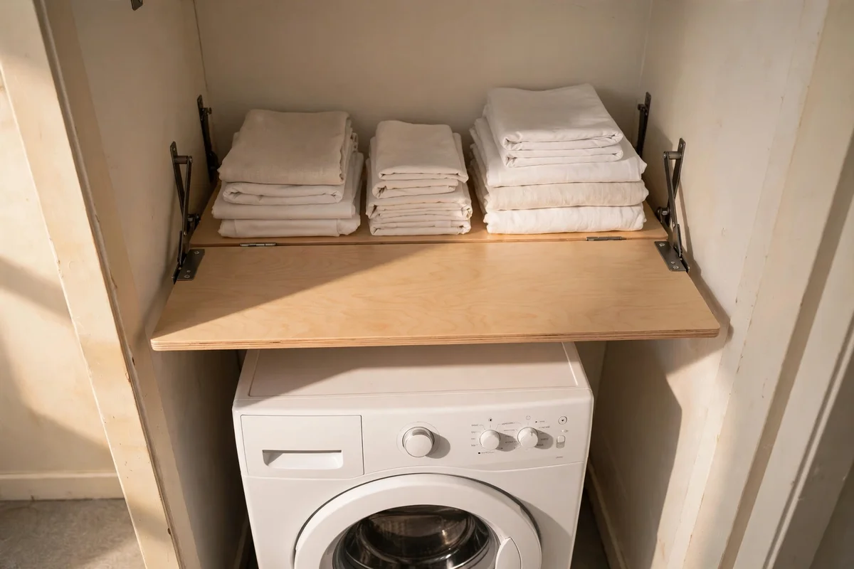 Fold down birch shelf above a washing machine used as a folding counter