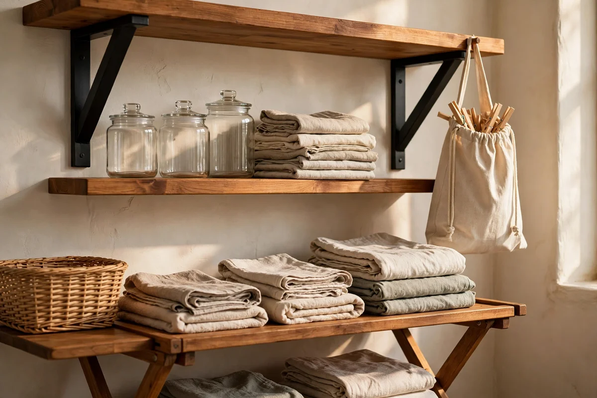 Solid timber shelf above the folding shelf holding bulk laundry supplies