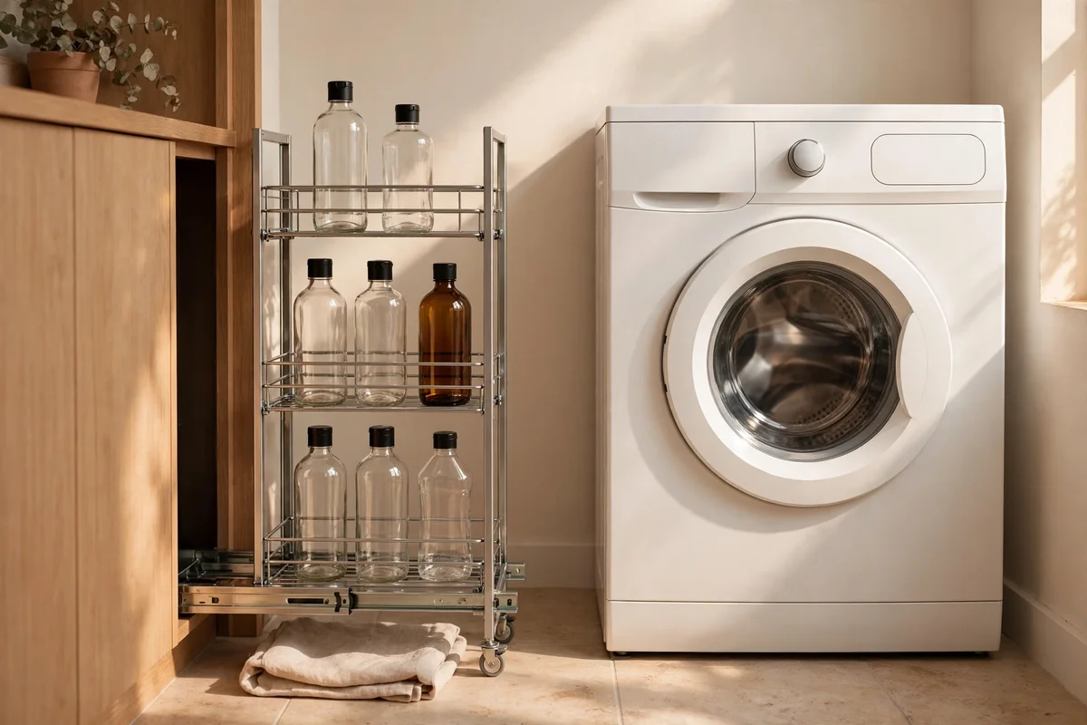 Slim pull out tower sliding from the narrow gap beside a washing machine