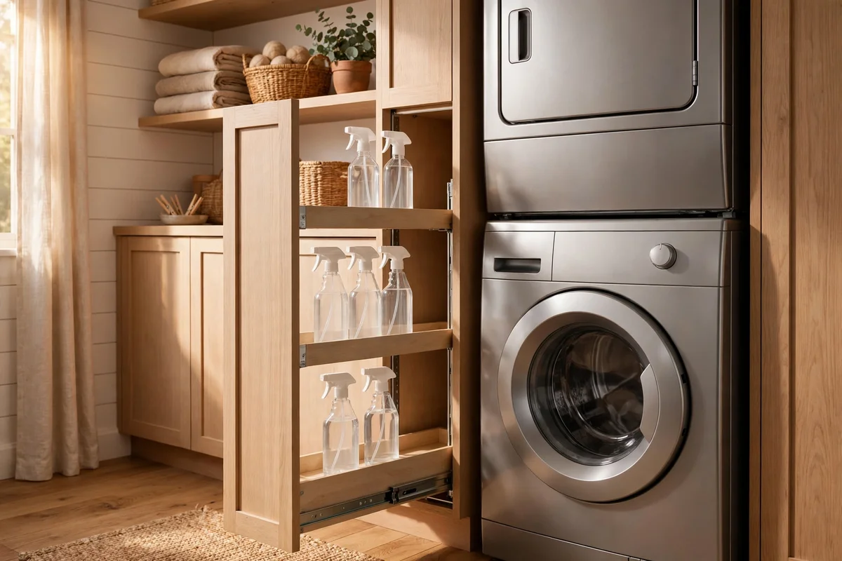 Twenty centimetre pull out cabinet fitted in the wider gap beside a dryer