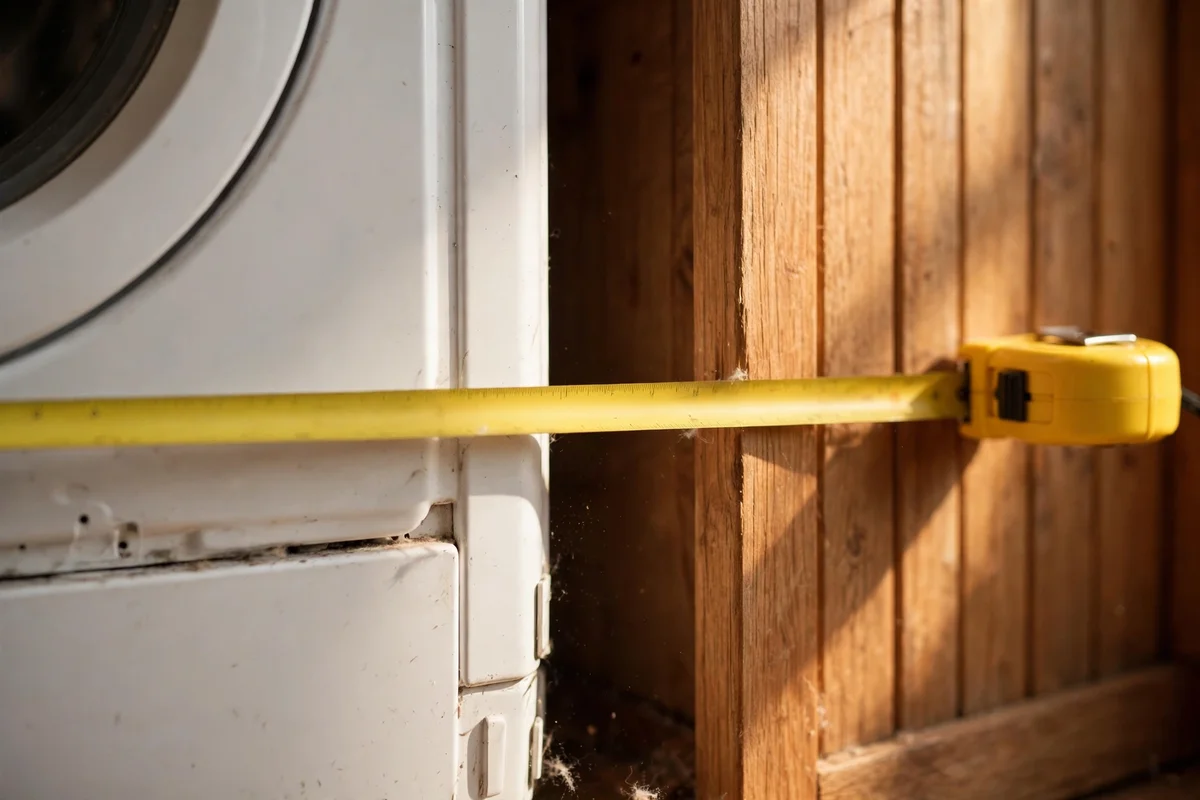 Tape measure checking the true gap width beside a washing machine