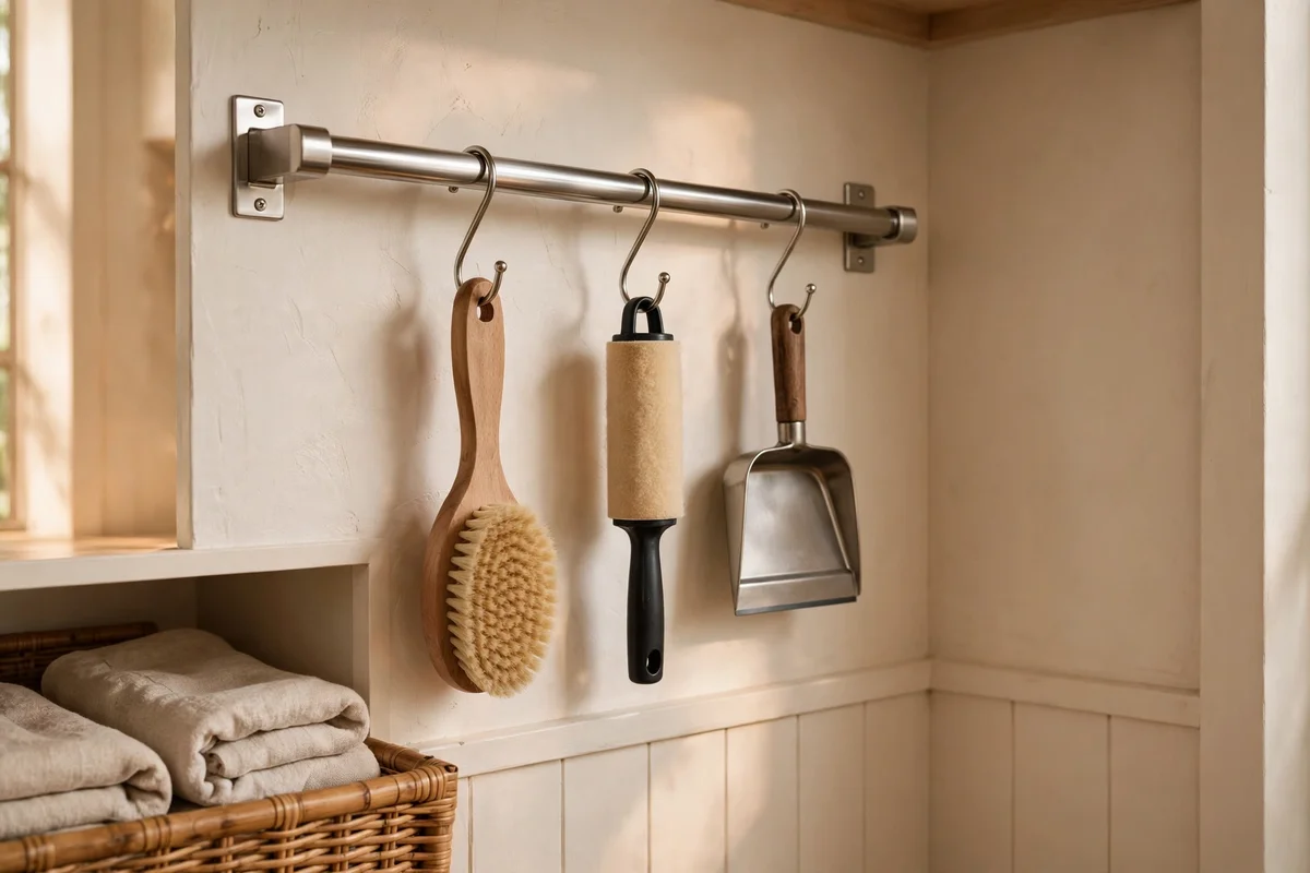 Stainless wall rail with hooks holding a clothes brush and lint roller