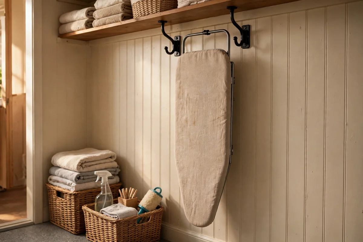 Ironing board hanging flat on two heavy duty wall hooks