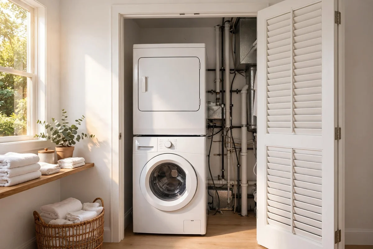 Ventilated laundry closet with louvred door and airflow behind machines