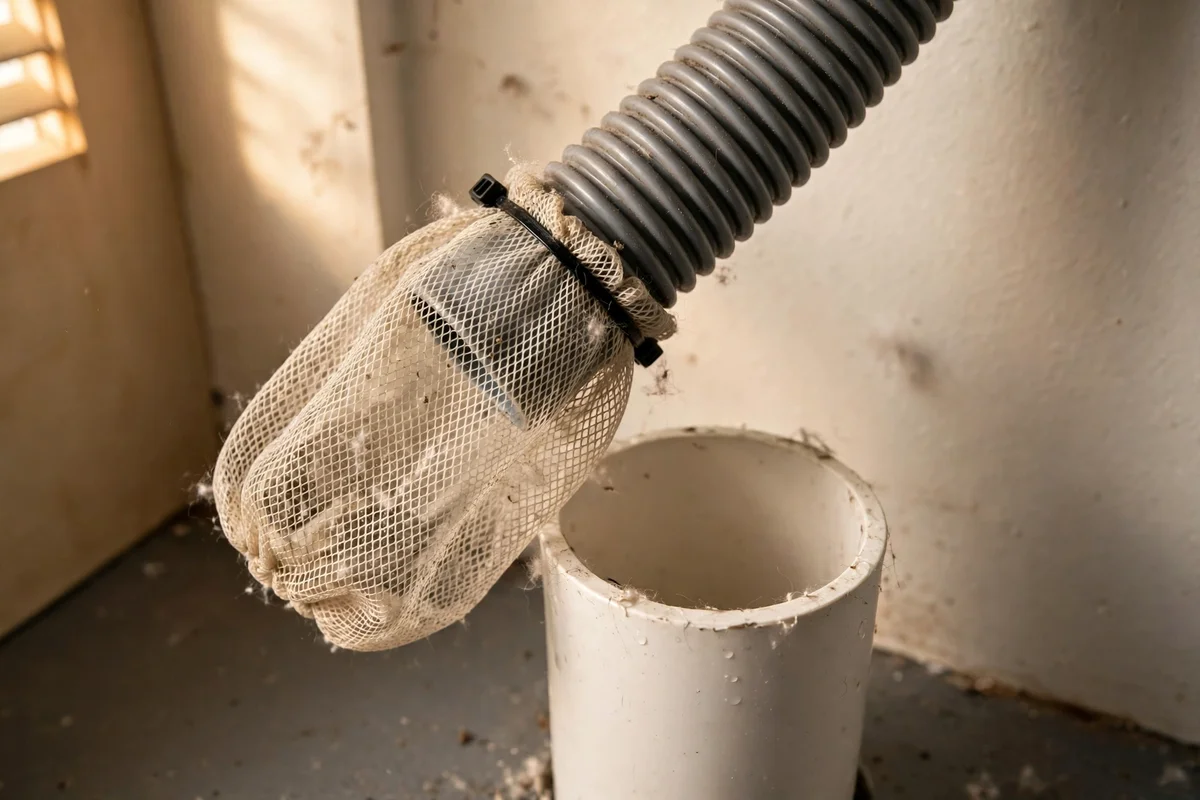Fine mesh lint catcher fitted on a washer discharge hose