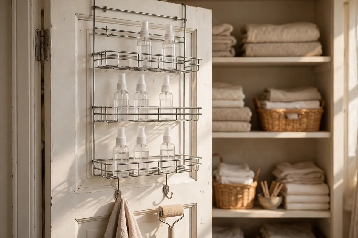 Over the door wire rack holding small spray bottles inside a closet door