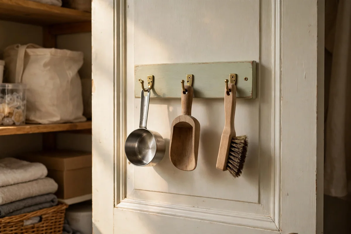 Slim timber hook board inside a closet door holding a measuring cup and scoop