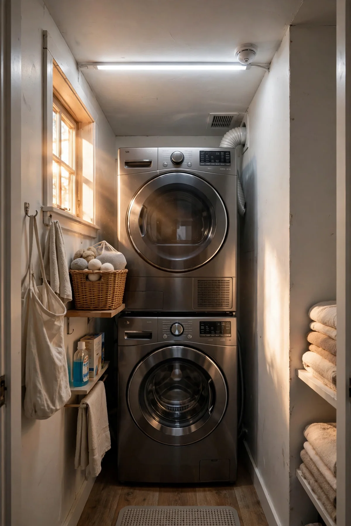 LED batten light glowing above a dark narrow laundry closet