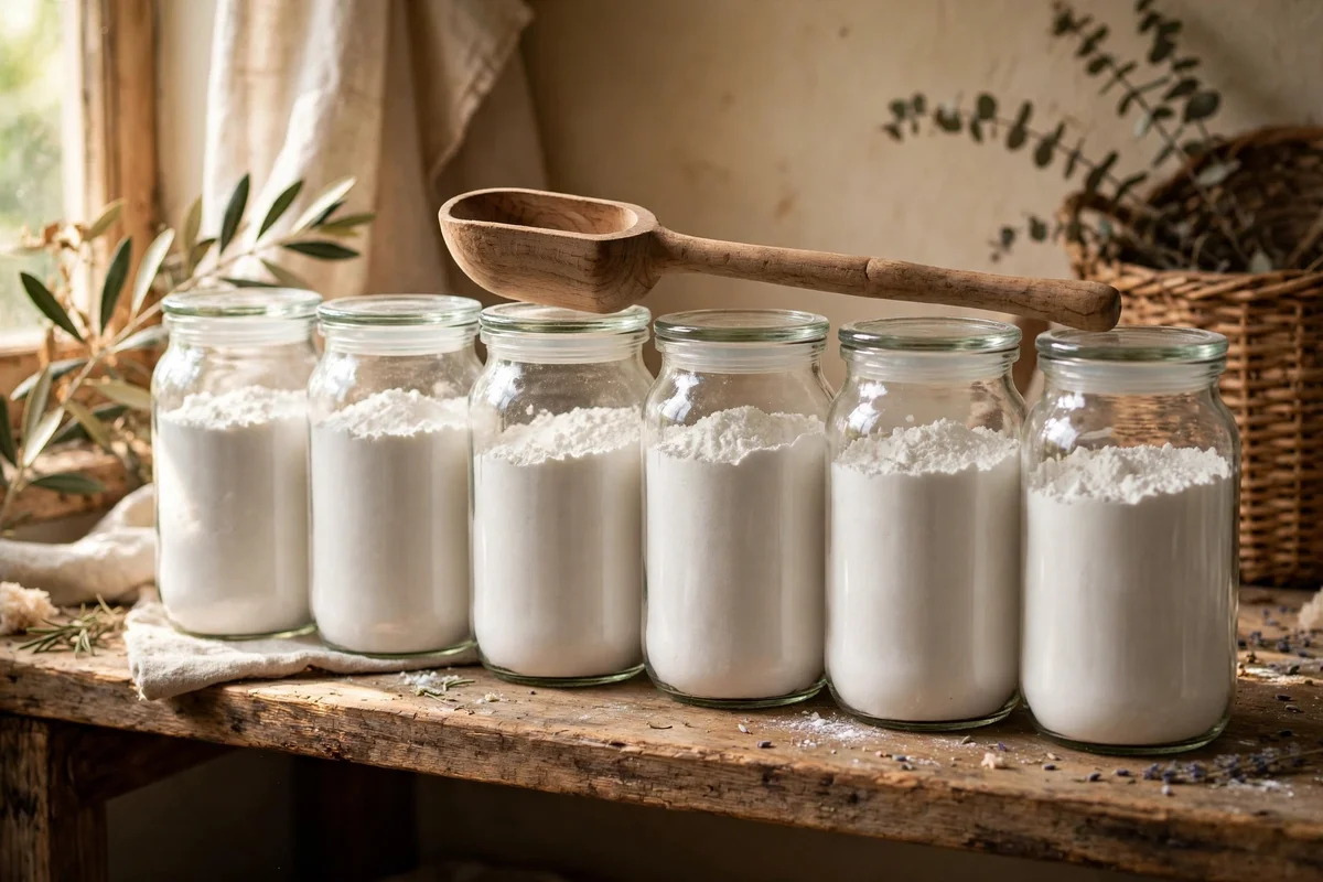 Plain sealed glass jars of detergent with a long handled scoop