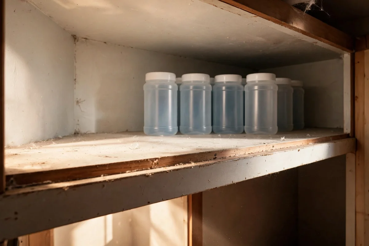 Plain detergent jars stored high on the top shelf of a laundry closet