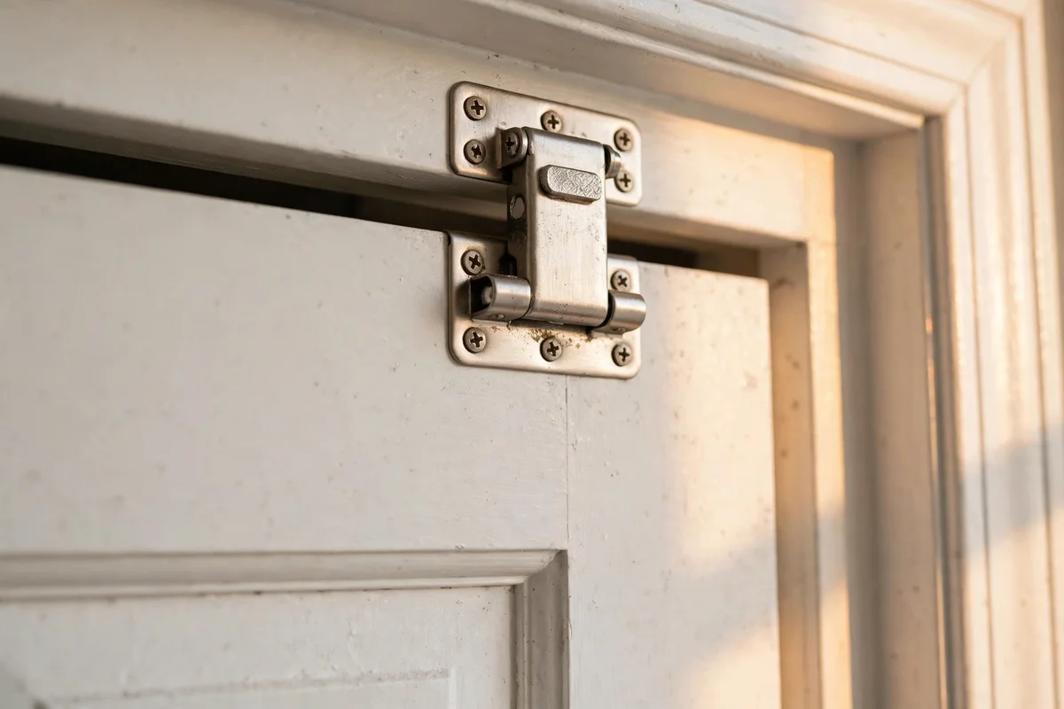 Childproof slide bolt latch fitted high on a laundry closet door