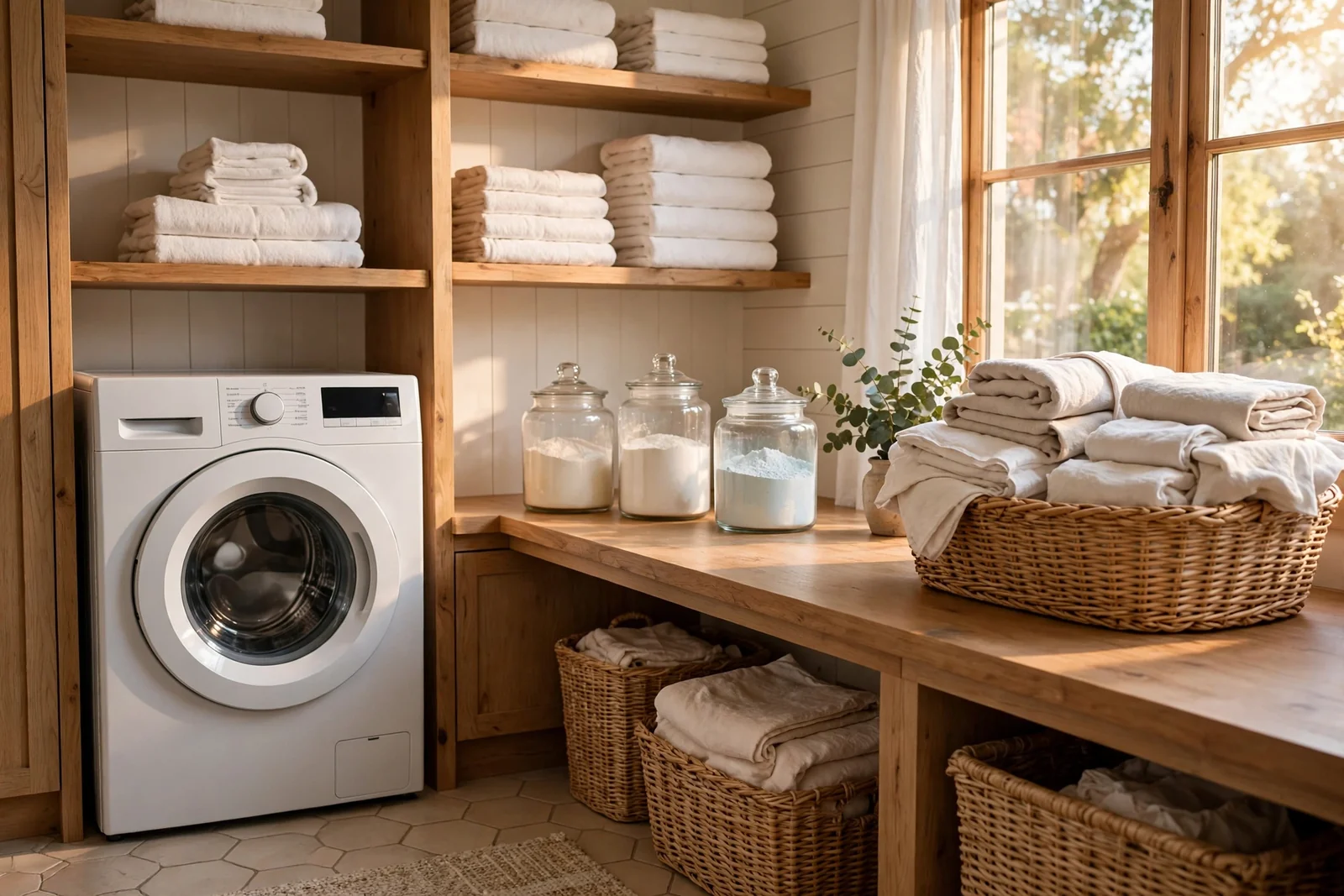 Bright laundry room with folded white towels, jars of washing powders and a basket of fresh linens